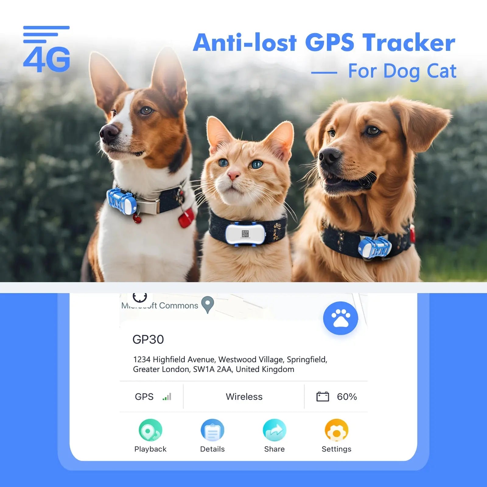 ‌4G Dog Cat GPS Tracker for Pets - Waterproof Smart Locator with App, Live Tracking & Light/Sound Search, Free Trial Included willgetstore